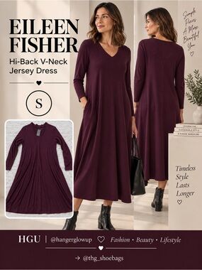 Eileen Fisher V-Neck A-Line COZY Viscose Jersey Dress Raisin Plum NWT S